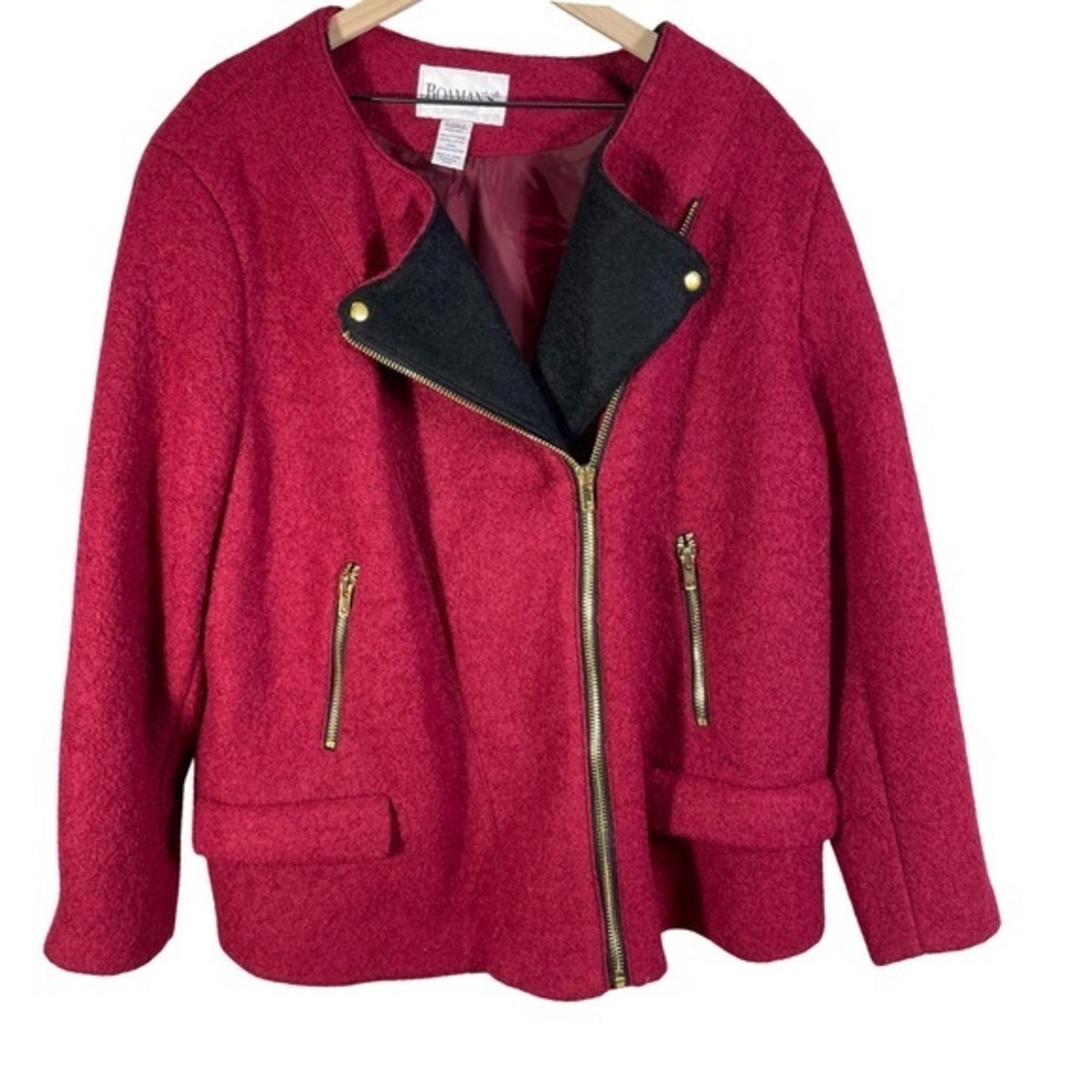 Roamans Wine & Black Textured Wool Asymmetrical Zip Short Jacket Womens 24W